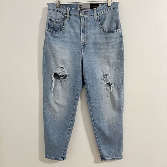 Levis Silvertab Mom Jeans Womens Size 31 Blue Denim Distressed High Rise Stretch - Picture 1 of 9